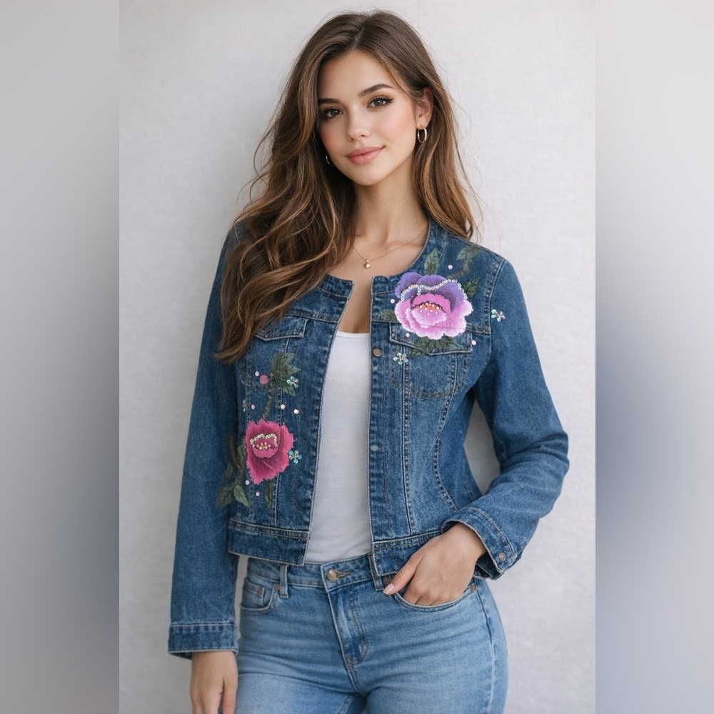 Berek Y2K Floral Art Denim Jacket Lace‎ Back Cropped Small
